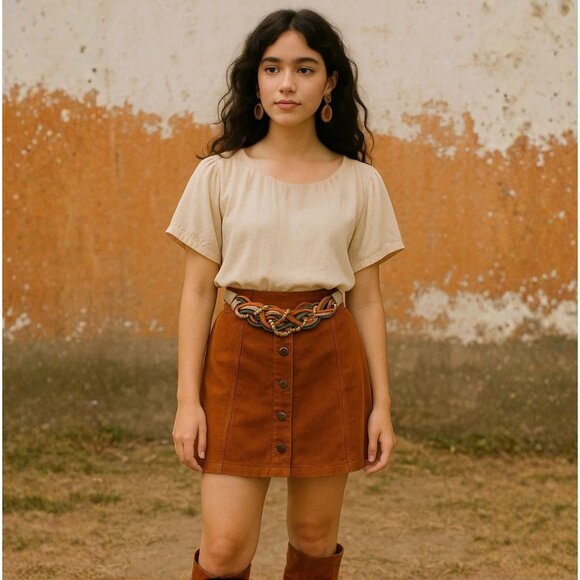 Vintage Stretch Braided Belt Size L to XL Earth Tone Woven Gold Hook - Picture 10 of 11